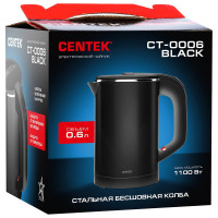 Чайник Centek 0.6 л 1100 Вт бесшовная колба двойные стенки защита от перегрева CT-0006 Black