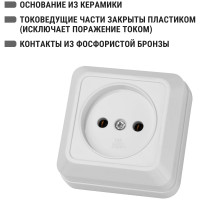Розетка TDM ELECTRIC 2П открытой установки IP20 10А 250В керамика белая "Ладога" SQ1801-0110