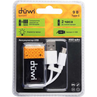 Аккумулятор duwi USB-С, тип Крона Li-ion, 9В, 450мАч, 1шт, кабель для зарядки 62014 3
