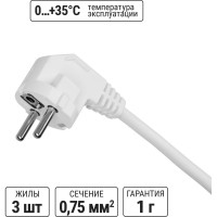 Шнур сетевой с вилкой TDM ELECTRIC ПВСмб 3x0,75мм2 3 метра с заземлением белый SQ1305-0576