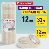 Клейкие ленты BRAUBERG 12 мм х 33 м, канцелярские, комплект 12 шт., прозр., гарант. длина 223123