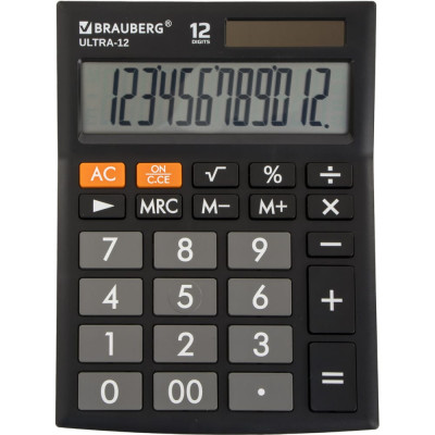 BRAUBERG Калькулятор настольный ULTRA-12-BK 192x143мм, 12 разрядов, дв.питание, ЧЕРНЫЙ, 250491