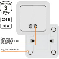 Выключатель TDM ELECTRIC 2-кл. открытой установки с подсветкой IP20 10А, белый серия "Ладога" SQ1801-0007