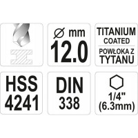 Сверло YATO по металлу HSS-TiN 12,0мм с хвостовиком HEX YT-44774 3624024774092 1