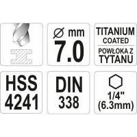 Сверло YATO по мет. HSS-TiN 7,0мм с хвост HEX YT-44766 3624024766092 1