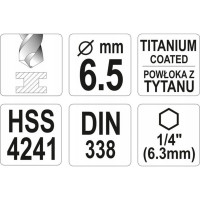 Сверло по металлу HSS-TiN 6.5 мм с хвостовиком HEX1/4 YATO YT-44765