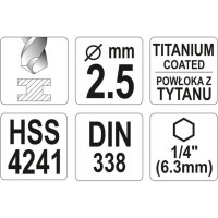 Сверло по металлу HSS-TiN 2.5 мм с хвостовиком HEX1/4 YATO YT-44752