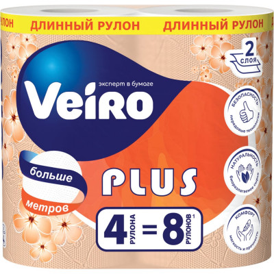 Бумага туалетная бытовая VEIRO Standart Plus спайка 4 шт, 2-х слойная, белая 3с24 128028