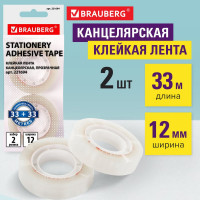 Клейкие ленты BRAUBERG 12 мм х 33 м, канцелярские, комплект 2 шт, прозрачные, гарантированная длина, европодвес 221694