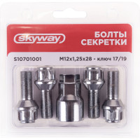 Болты секретки M12x1.25x28 мм, конус 5 луч 1 кл хром 001, 4 шт SKYWAY S10701001
