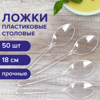 Одноразовые ложки ОФИСМАГ /WELDAY столовые 180мм КОМПЛЕКТ 50шт, ЭТАЛОН, пластиковые прозрачные, , 607835