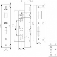 Корпус узкопрофильного замка с защёлкой KALE KILIT 153 (25 мм) w/b никель 10230