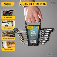Набор комбинированных шарнирных ключей DELI с трещоткой 8 шт. DL140208T 98319