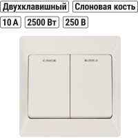 Выключатель слоновая кость 2 клавишный с подсветкой TDM ELECTRIC 10А, серия "Ильмень" SQ1823-0104