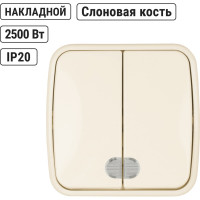 Выключатель слоновая кость 2-клавишный открытой установки с подсветкой TDM ELECTRIC IP20 10А, серия "Дача" Народная SQ1824-0017