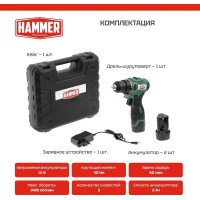 Аккумуляторная бесщеточная дрель Hammer ACD12BL 12В 2x2Ач LilON 10мм 0-400/0-1400об/мин 40Нм в кейсе 14281 824163