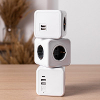Разветвитель ROCKETSOCKET Cube Original 4 Euro 16A, 2 USB A с блоком 5В/2.1А  цвет серый GN1204