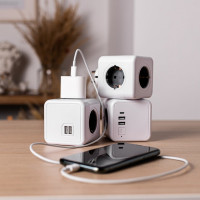 Разветвитель ROCKETSOCKET Cube Original 4 Euro 16A, 2 USB A с блоком 5В/2.1А  цвет серый GN1204