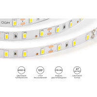 Светодиодная лента OGM 12в, 9,6вт/м, smd5630, 60д/м, ip20, 1200лм/м, подложка 10мм, 5м, 4000к. / LSE-289