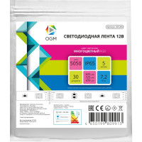 Светодиодная лента OGM 12В, 7,2Вт/м, smd5050, 30д/м, ip65, подложка 10мм, 5м, rgb. / LSE-284