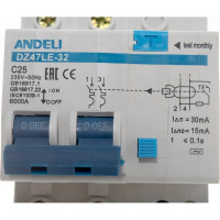 Дифференциальный автоматический выключатель ANDELI DZ47LE-32 2P 25A 30mA тип AC тип С ADL02-004