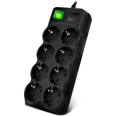 SVEN Фильтр SF-08E-16 5,0 м (8 розеток с защитными шторками,16А) черный, цветная коробка SV-021726