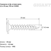 Gigant Саморезы п/сф остриё цинк, 4,2x25 700 шт 123583