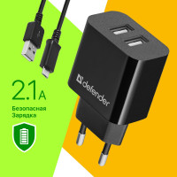 Сетевой адаптер DEFENDER UPC-21 2xUSB,5V/2.1А кабель microUSB 83581