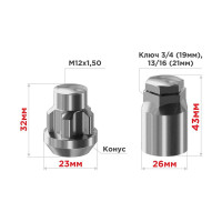 Гайки секретки М12x1.50, 32 мм, конус закр 5 луч 2 кл, хром 005, 4 шт SKYWAY S10702005