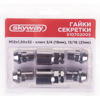 Гайки секретки М12x1.50, 32 мм, конус закр 5 луч 2 кл, хром 005, 4 шт SKYWAY S10702005