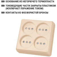 Четырехместная розетка TDM ELECTRIC 2П открытой установки IP20 10А с защитными шторками слоновая кость Ладога SQ1801-0221