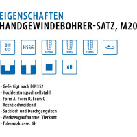 Ручные метчики GSR M20х2,5 HSSG DIN352 6H набор 3 шт для глухих и сквозных отверстий  B00105290