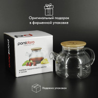 Заварочный стеклянный чайник Pomi d'Oro с фильтром-пружиной и бамбуковой крышкой, 800 мл P250086 Neri