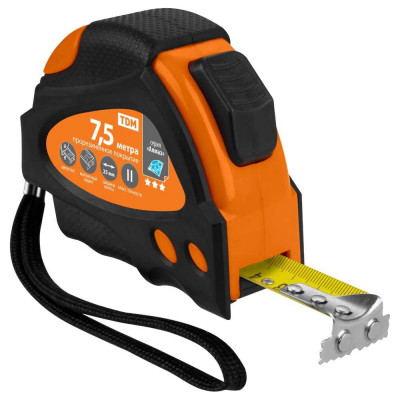 Рулетка TDM ELECTRIC 7,5 м х 25 мм, тройная фиксация, автостоп, обрезиненный корпус, магнит, Алмаз SQ1018-0111