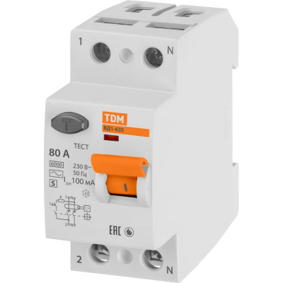 Устройство защитного отключения TDM ELECTRIC УЗО ВД1-63S, 2Р, 80А, 100мА SQ0203-0062