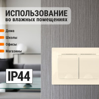 Двойная розетка TDM ELECTRIC Таймыр 2П+З с защитными шторками и крышкой 16А 250В IP44 слоновая кость SQ1814-0176