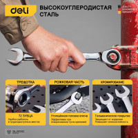 Набор комбинированных гаечных ключей DELI с трещоткой 8-19 мм/8 шт DL140108T (Сталь 40Cr, материал трещотки 50bv30, 72 зуба, пластиковый держатель) 98318