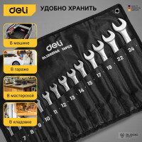 Набор комбинированных гаечных ключей DELI DL130014A (Сталь 40Cr, чехол из ткани oxford) 6-24мм/14шт 104509