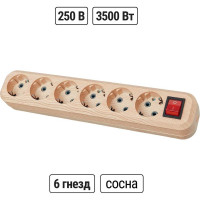 Колодка для удлинителя TDM ELECTRIC на 6 гнезд 2П, с заземлением, с выключателем 16А 250В "Эко" (сосна) SQ1806-0058