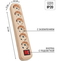 Колодка для удлинителя TDM ELECTRIC на 6 гнезд 2П, с заземлением, с выключателем 16А 250В "Эко" (сосна) SQ1806-0058