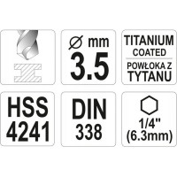 Сверло по металлу HSS-TiN 3.5 мм с хвостовиком HEX1/4 YATO YT-44756