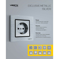 Розетка Metronex Electric Exclusive Silver Metallic одинарная с заземлением с крышкой FRZ00041013SER
