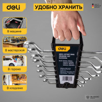 Набор накидных изогнутых гаечных ключей DELI 6-22мм 8 шт. высокоуглеродистая сталь, пластиковый кейс DL150008A 98320