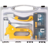 Строительный мебельный степлер DELI металлический с регулировкой + антистеплер DL238105 с набором скоб в кейсе (Тип «П» 4-14мм, «U» 10-12мм и «T» 10-14мм по 2000шт каждых) 98418