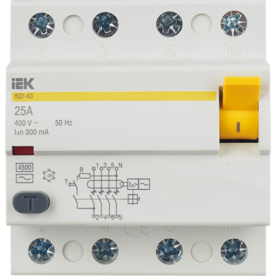 Выключатель дифференциального тока IEK 4п 25A 300mA тип AC ВД1-63 ИЭК MDV10-4-025-300