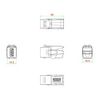 Вставка Hyperline KJ1-USB-VA3-BK формата Keystone Jack с проходным адаптером USB 3.0 (Type A), 90 градусов, ROHS, черная 251219