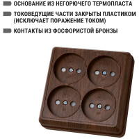 Розетка TDM ELECTRIC четырехместная 2П открытой установки IP20 10A с защитными шторками бук, серия "Ладога" SQ1801-0321