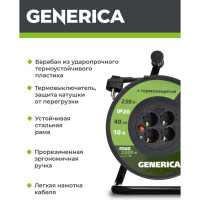 Катушка GENERICA УК40 с т/з 4 места 2P+PE/40м 3x1,0мм2 WKP10-10-04-40-G
