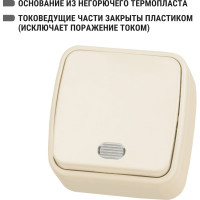 Выключатель слоновая кость 1-клавишный открытой установки с подсветкой TDM ELECTRIC IP20 10А, серия "Дача" Народная SQ1824-0018