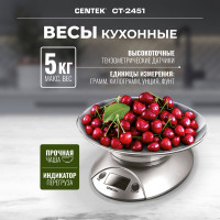 Кухонные весы Centek электронные, чаша, пластик, 5кг, шаг 1г, тарирование серебро/черный CT-2451